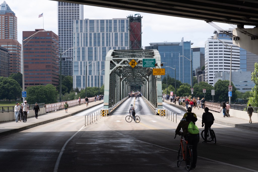 Crowd absorbing the Hawthorne Bridge. pt 1