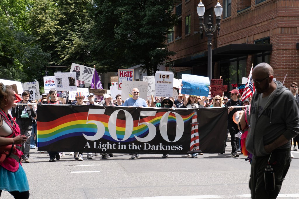 Front of the No Kings march with 50501 banner