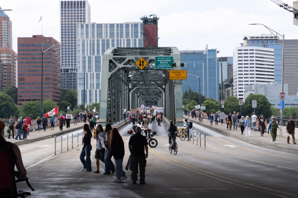 Crowd absorbing the Hawthorne Bridge. pt 2